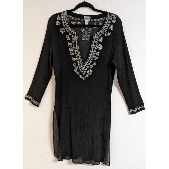 CHICO'S Women's Black Silk Embroidered Deep-V Cover-Up Beach Cruise 10/12 - Picture 1 of 11